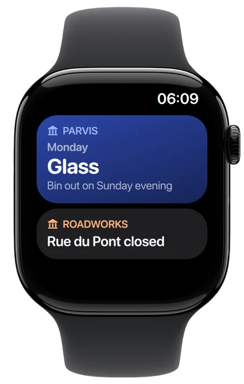 Apple Watch: Monday’s glass collection and a roadworks alert from the town hall.