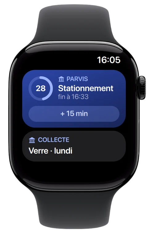 Apple Watch : le stationnement en cours, fin à 16 h 33, avec le bouton + 15 min.