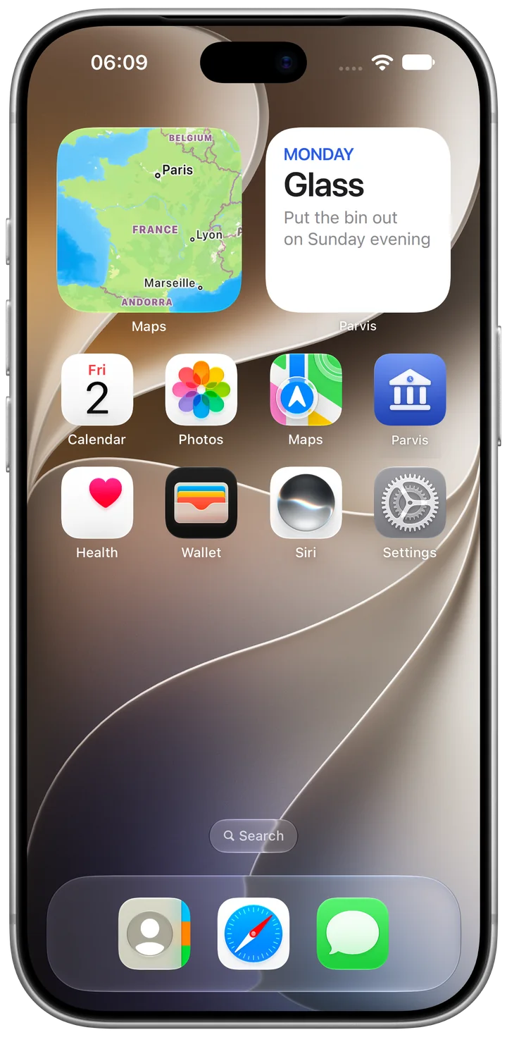 iPhone Home Screen: the Parvis widget shows Monday’s glass collection.