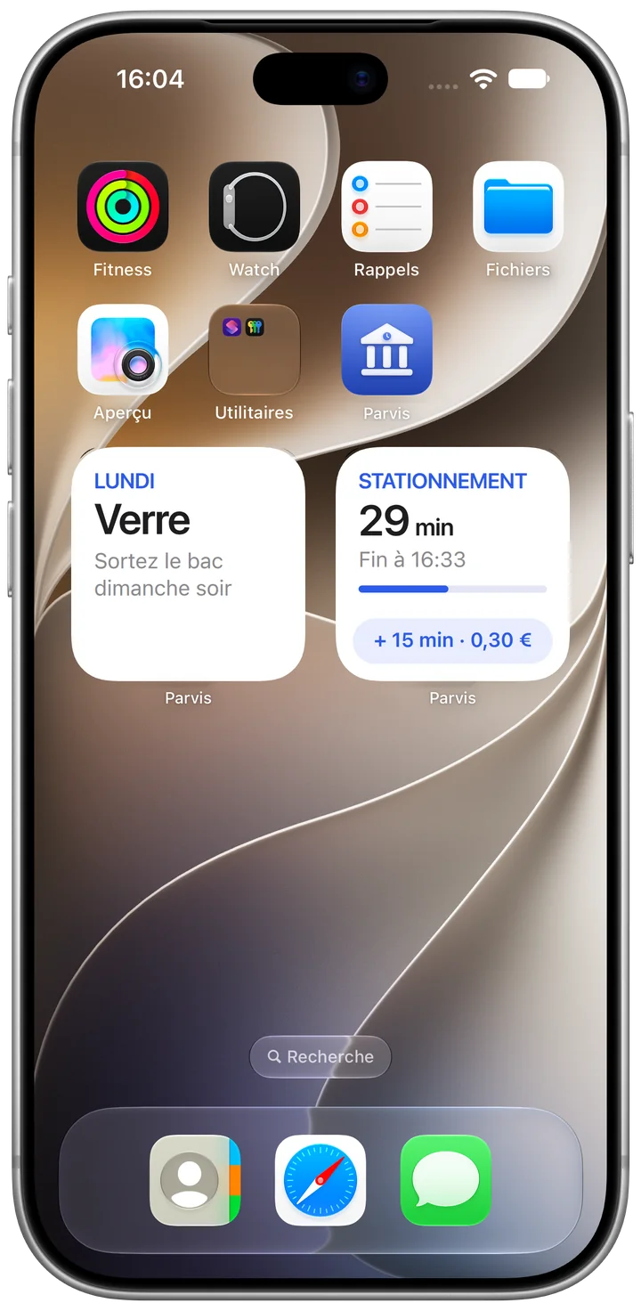 iPhone, écran d’accueil : deux widgets Parvis, la collecte du verre lundi et 29 minutes de stationnement restantes.