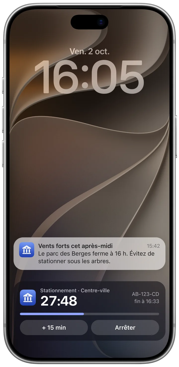 iPhone, écran verrouillé : une notification de la mairie et le stationnement en cours, avec les boutons + 15 min et Arrêter.