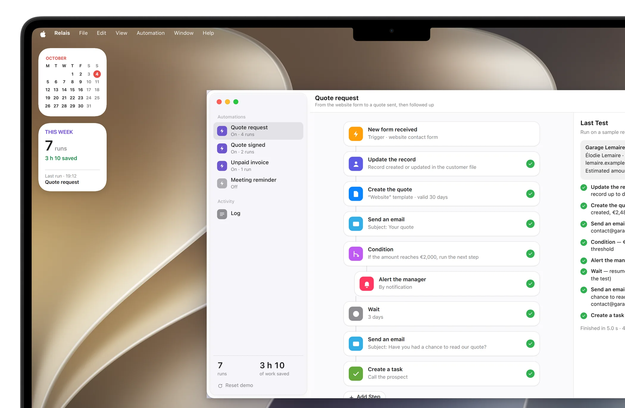 MacBook Pro: the Relais widget on the desktop (7 runs this week) next to the app window.