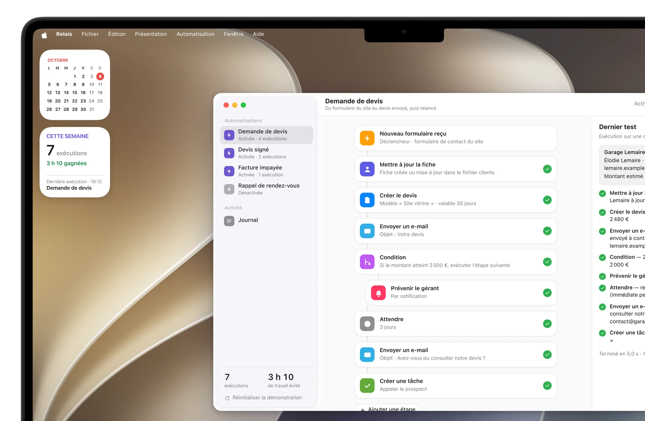 MacBook Pro : le widget Relais sur le bureau (7 exécutions, 3 h 10 gagnées) à côté de la fenêtre de l’app.